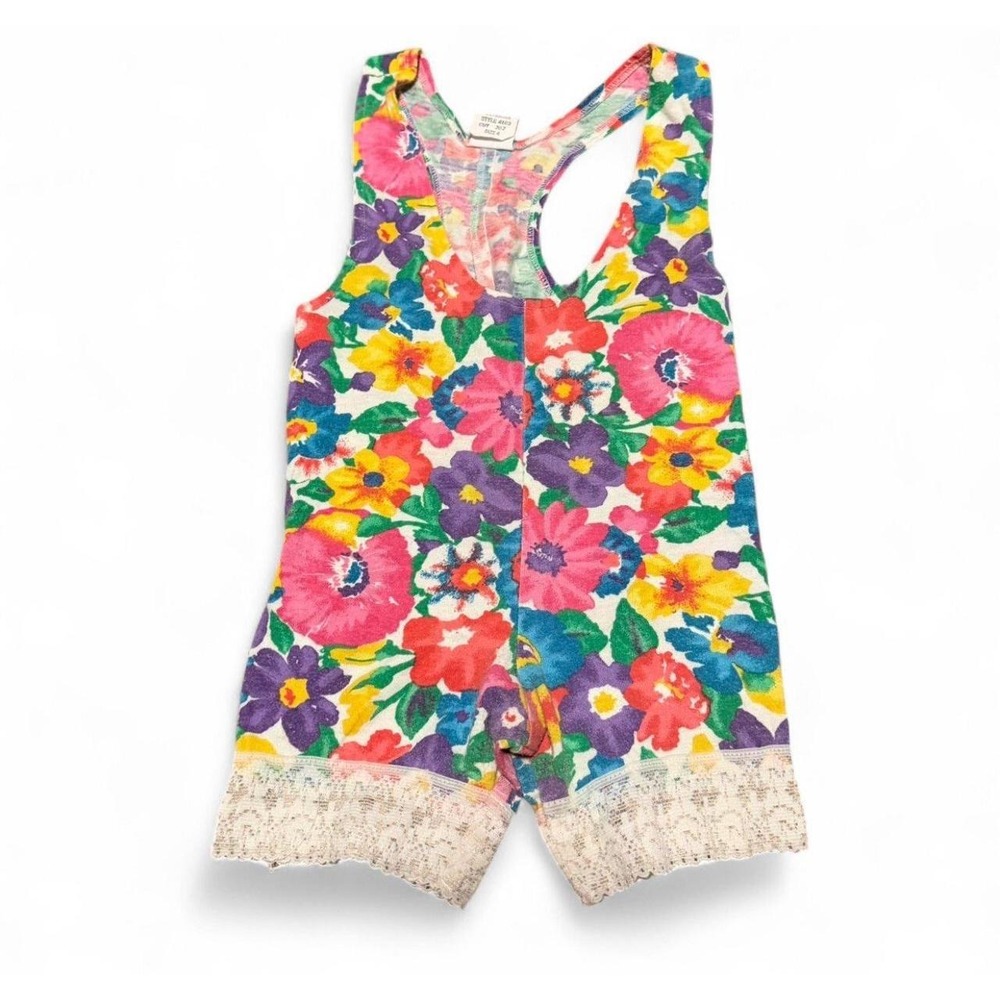Vintage Girls Size 4 Floral Romper Made USA Racerback Lace Trim 80s 90s